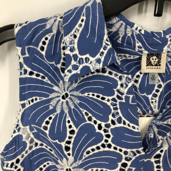 Anne Klein Top Size XS Womens Blue White Floral Eyelet Embroidered Cotton Tank T - Picture 4 of 9